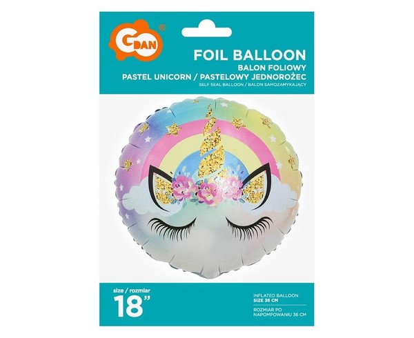 Balon foliowy pastelowy Jednorożec 45 cm