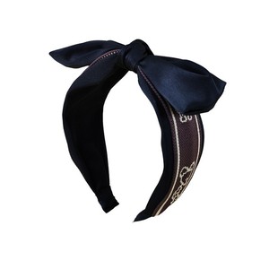 Opaska - turban do włosów z kokardą - czarna z haftem