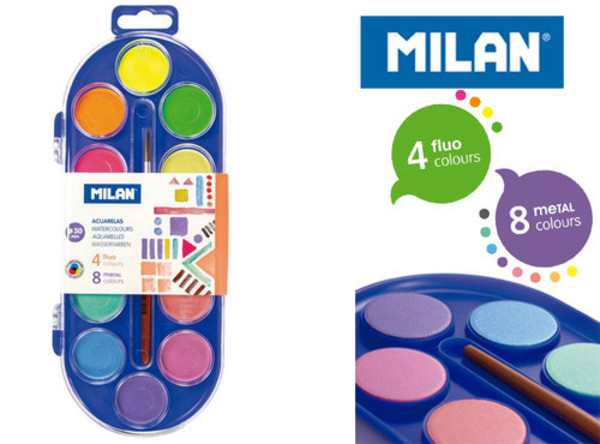 Farby akwarelowe Milan 12 kolorów 4 fluo+8 metalizowane