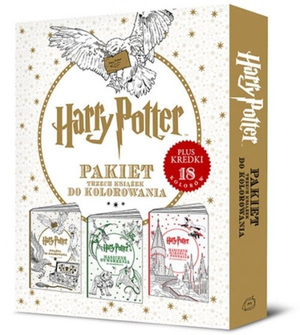 Harry Potter Pakiet trzech książek do kolorowania + Kredki 18 kolorów Książka do kolorowania / Magiczne stworzenia / Magiczne miejsca i postacie