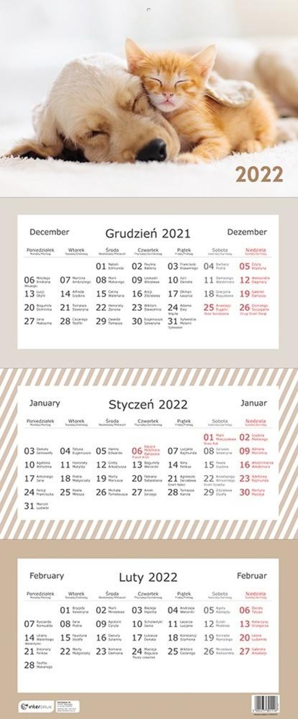 Kalendarz 2022 trójdzielny Zwierzaki