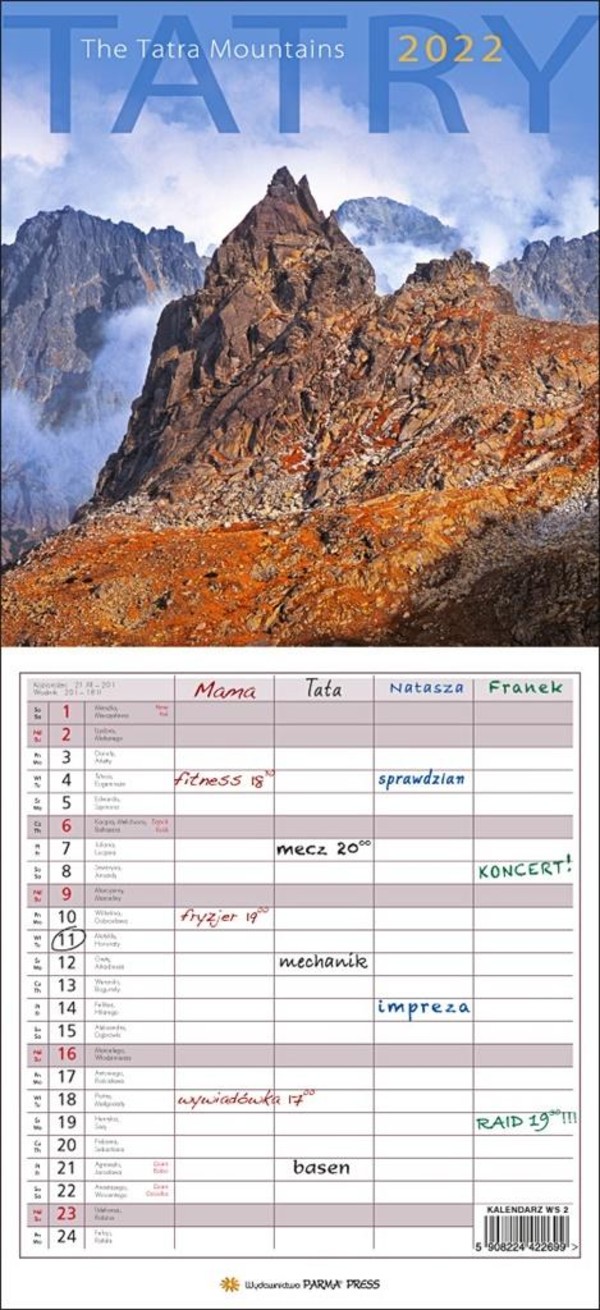 Kalendarz 2022 Wieloplanszowy Tatry