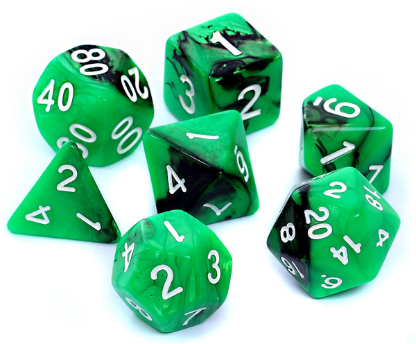 Komplet kości REBEL RPG Dwukolorowe Zielono-czarne Zestaw siedmiu kości do gier fabularnych
