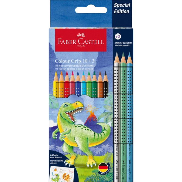 Kredki grip dinozaury faber-castell 10 kolorów + 3 kolory metaliczne + naklejki