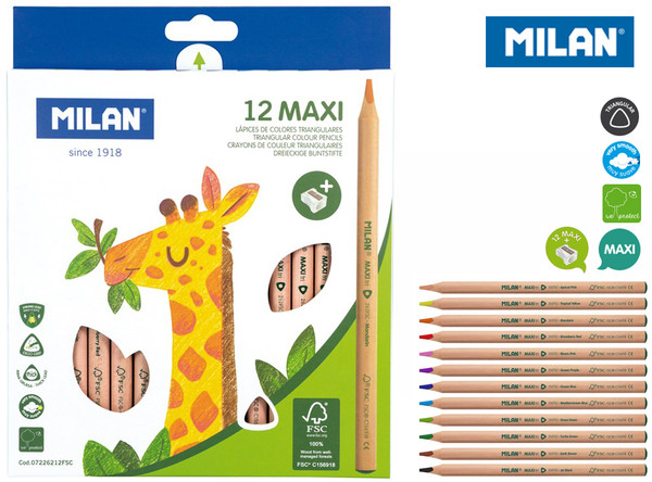 Kredki ołówkowe Milan Maxi Natural trójkątne 12 kolorów