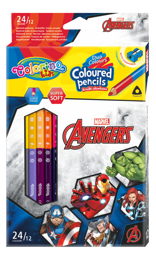 Kredki ołówkowe trójkątne colorino kids 24 kolorów 12 sztuk z temperówką avengers