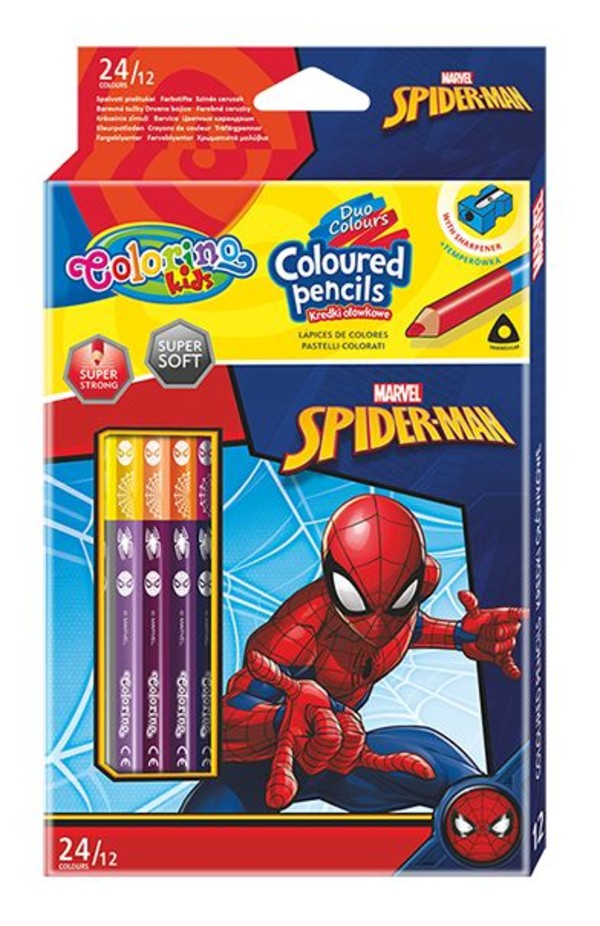 Kredki ołówkowe trójkątne colorino kids 24 kolorów 12 sztuk z temperówką spiderman