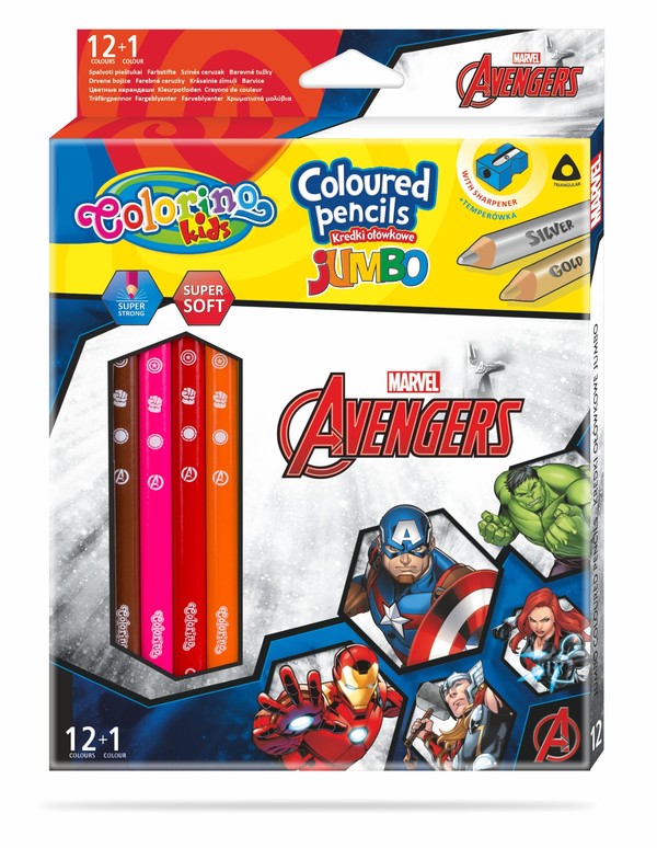Kredki ołówkowe trójkątne jumbo avengers colorino kids 13 kolorów 12 sztuk z temperówką