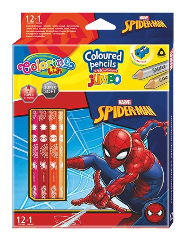 Kredki ołówkowe trójkątne jumbo spiderman colorino kids 13 kolorów 12 sztuk z temperówką
