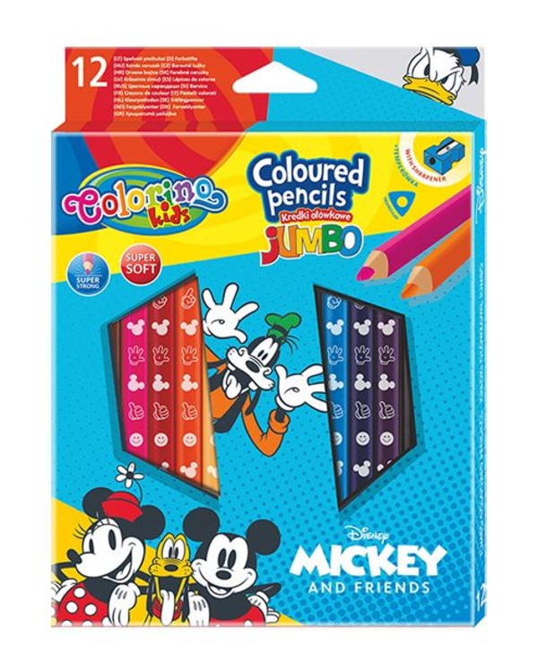 Kredki ołówkowe trójkątne jumbo mickey colorino kids 13 kolorów 12 sztuk z temperówką