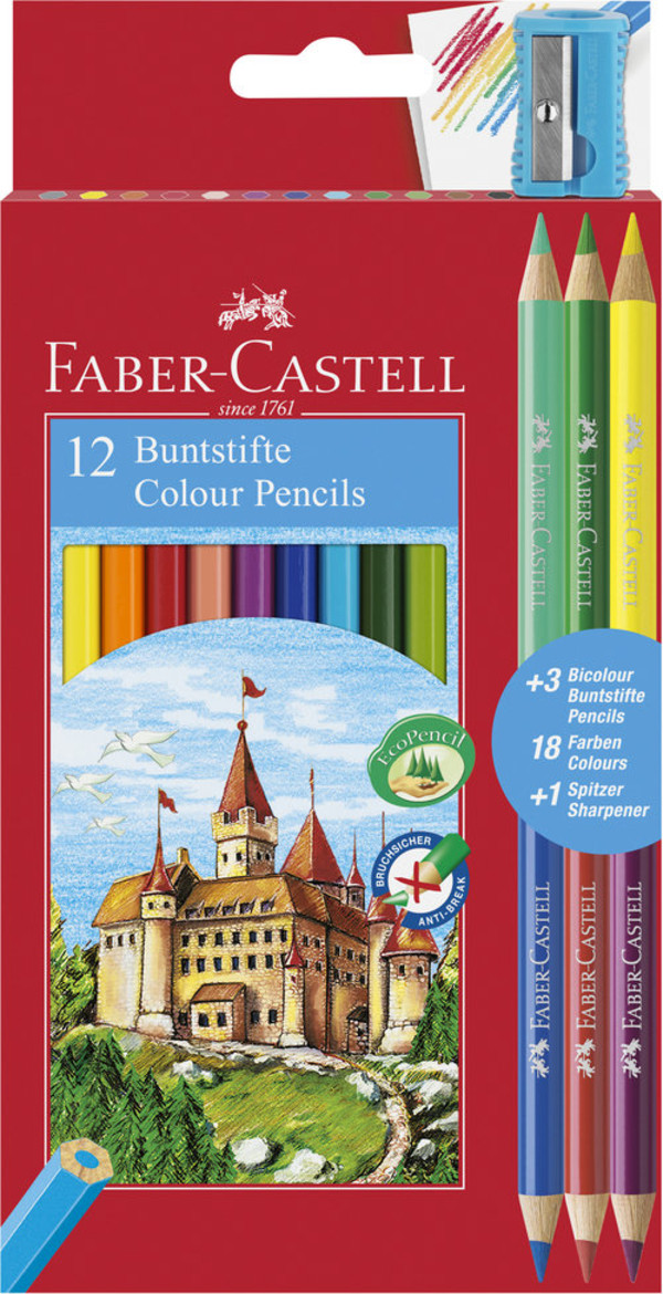 Kredki ołówkowe Zamek 12 kolorów + 3 kredki dwustronne + temperówka