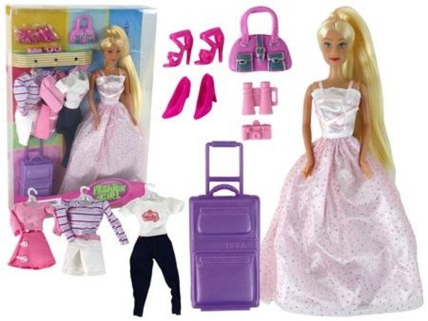 Lalka z walizką i ubraniami