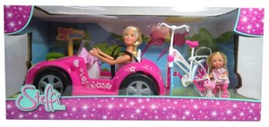 Lalka Steffi w kabriolecie i Evi na rowerze 29 cm, 12 cm