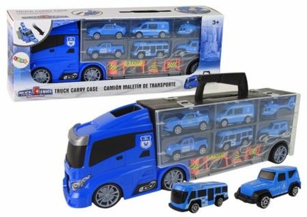 Laweta ciężarówka Policji i auta niebieska