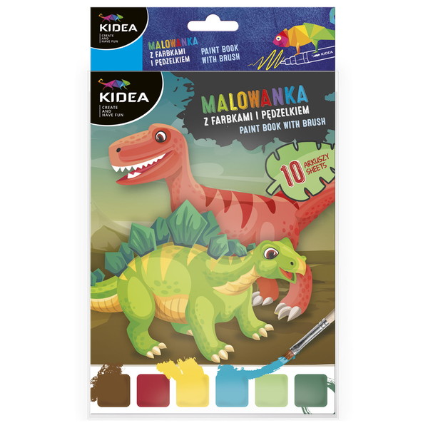 Malowanka z farbkami i pędzelkiem kidea dinozaury