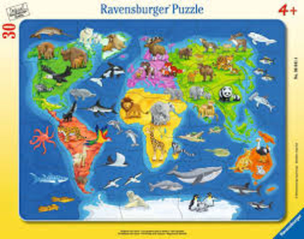 Puzzle Mapa Świata ze zwierzętami 30 elementów