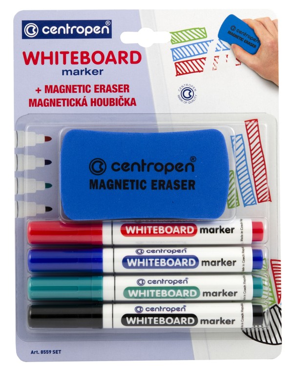 Marker suchościeralny Centropen Whiteboard marker 4 kolory + gąbka magnetyczna