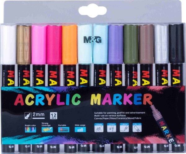 Markery akrylowe 1-2mm 12 kolorów mg