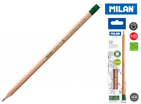 Ołówek sześciokątny Milan Natural HB z gumką 12 szt.