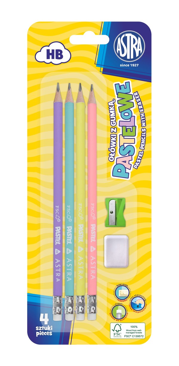 Ołówki pastelowe HB z miarką 4 sztuki z gumką i temperówką