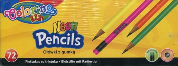 Ołówki okrągłe z gumką neonowe Display 72 sztuki