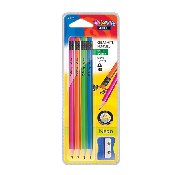 Ołówki trójkątne z gumką z temperówką neon na blistrze colorino school