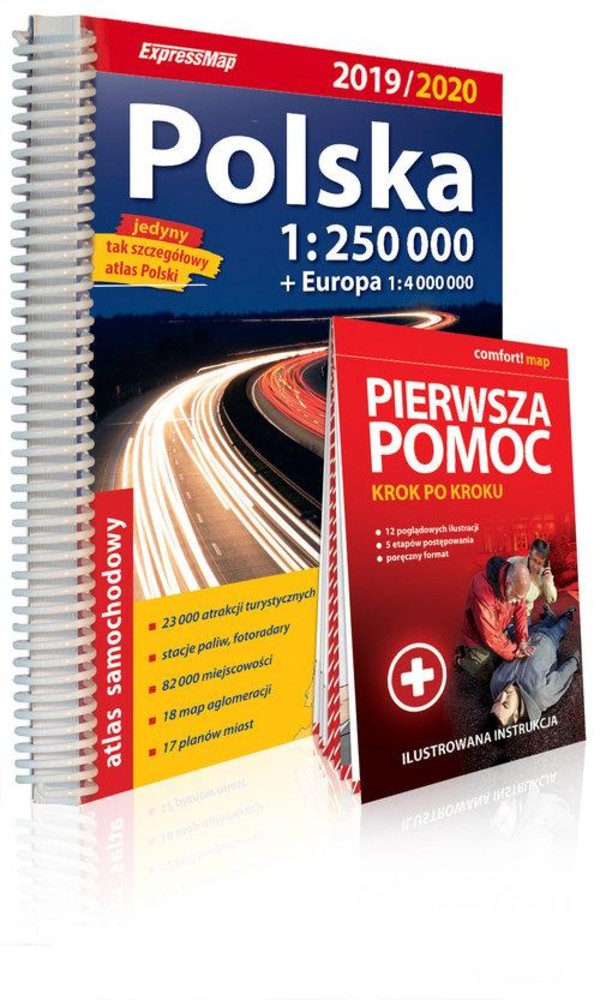 Polska atlas samochodowy + Europa + Pierwsza pomoc. Krok po kroku skala 1:250 000 i 1:4 000 000 (2019/2020)