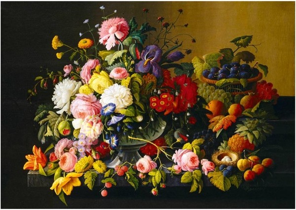 Puzzle Martwa natura - kwiaty i owoce, Severin Roesen 1000 elementów