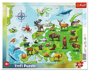 Puzzle ramkowe Mapa Europy ze zwierzętami - 25 elementów