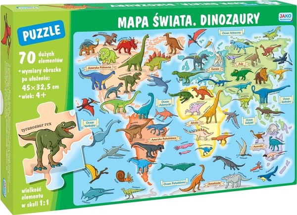 Puzzle Mapa świata Dinozaury 70 elementów
